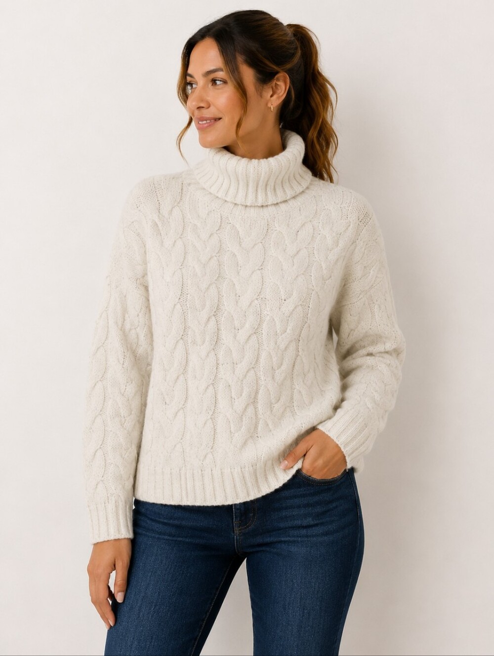Women’s Cable Knit Cream Turtleneck Sweater
